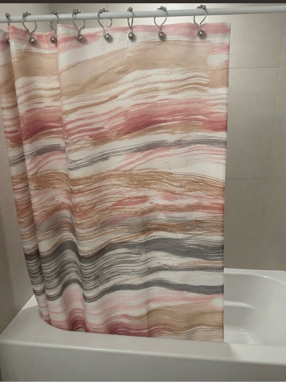 Shower Curtain fabrics white gray, taupe with silver rings. Mainstay, pre owned